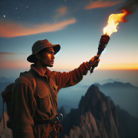 A man raising a fire torch standing on a mountain